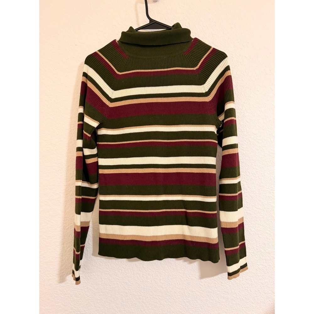 All Points Striped Turtleneck Sweater Ribbed 100% Cotton Green L Y2K Vintage